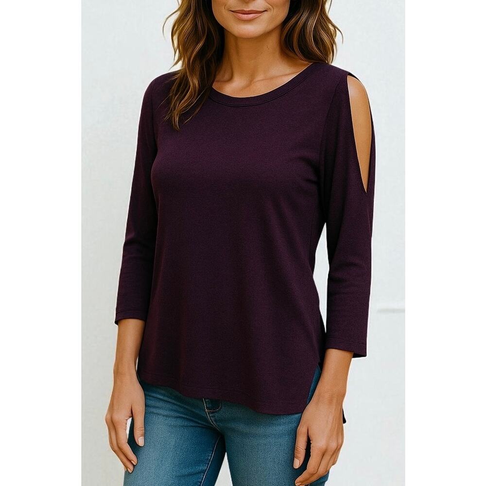 2/$15 New York & Company Cashmere Cotton Slit Sleeve Sweater Purple Size S